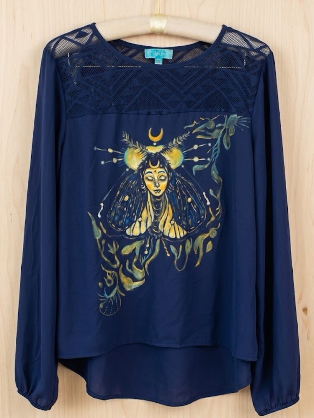 Hand-Painted Moth Fairy Celestial Whimsigoth Women's Top Art Artist Navy artsy